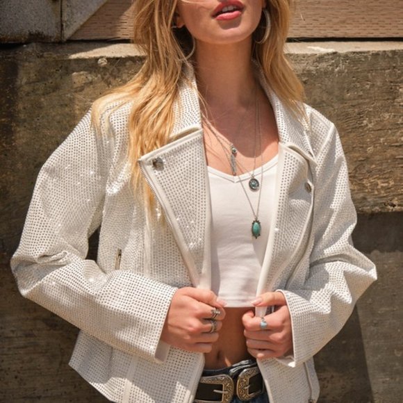 CRYSTAL STUDDED MOTO CROPPED jacket biker Harley rocker concert (2-COLORS) SML - Picture 3 of 14